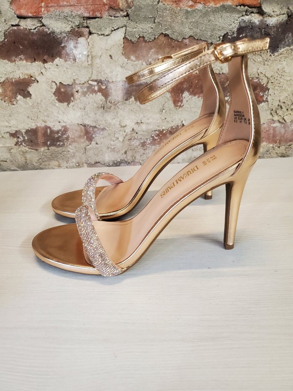 Dream Pairs Womens Karine-1 Stiletto Heels 9.5 Gold Ankle Strap Rhinestone Party